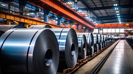 rolled steel coils in a warehouse of a metal factory, aluminium or steel sheet rolls at metalwork manufacturerer