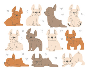 Cute little french bulldogs cartoon funny puppy character isolated set on white background