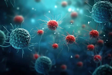 Fotobehang Cancer cell, carcinoma, disease, dangerous illness, recovery from chemotherapy, joy in life, morale boosting, harmful cell destruction treatments, dna, uncontrolled nuclear cell division. © Ruslan Batiuk