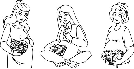 food pregnancy nutrition vector. woman diet, health pregnant, mother natural food pregnancy nutrition character. people black line illustration