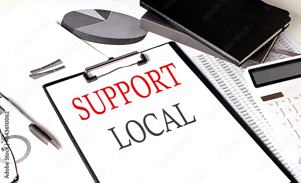 Poster support local text on paper clipboard with chart and notebook on withe background