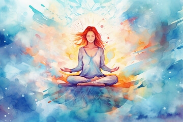 Young woman practicing yoga in lotus pose on watercolor background.