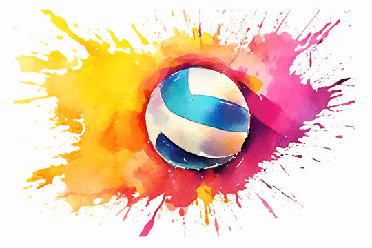 Watercolor volleyball ball on watercolor splash background. Vector illustration.