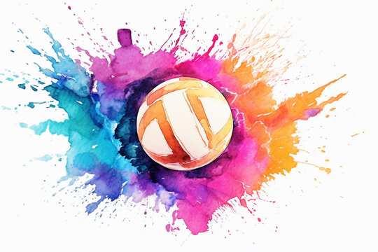 Watercolor Volleyball Ball On Watercolor Splash Background. Vector Illustration.