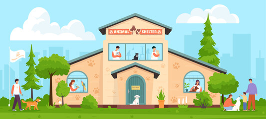 Animal shelter. Volunteers take care of cats, dogs and birds, summer, beautiful background, flat cartoon illustration vector. Cartoon of animal shelter house vector