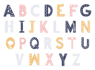Decorative hand-drawn alphabet uppercase letter pastel color doodle style vector illustration
