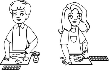 painting boy girl vector. child paint, kid children, school happy, young little, painter cute painting boy girl character. people black line illustration