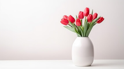 International woman's day concept. Spring home decorations with bouquet of red tulips in modern vase on white background