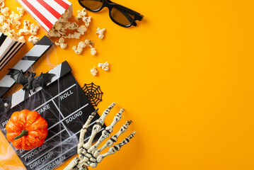 Embrace Halloween cinema vibe with thematic decor on orange backdrop. Top view spooky elements like...