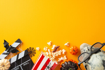 Top view of chilling Halloween movie concept. Top view skull in 3D glasses, pumpkins, creepy insects, centipede, spider, web, bat, clapperboard, popcorn on orange backdrop with space for text or ad
