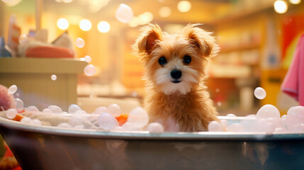 a small and fluffy puppy sitting in a bathtub full of frothy bubbles.