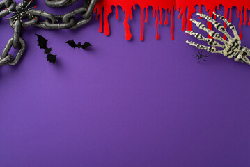 Nightmare on Halloween: Top view shot showcasing thematic objects - chain, bloody streaks, insects,...