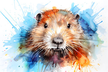 Modern colorful watercolor painting of a beaver, textured white paper background, vibrant paint splashes. Created with generative AI - obrazy, fototapety, plakaty
