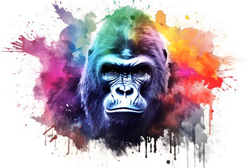 Modern colorful watercolor painting of a gorilla, textured white paper background, vibrant paint splashes. Created with generative AI
