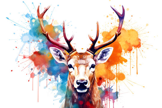 Modern colorful watercolor painting of a reindeer or deer, textured white paper background, vibrant paint splashes. Created with generative AI