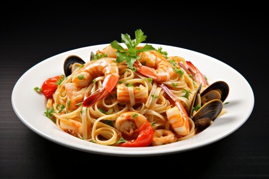 Italian pasta with seafood, tomatoes and basil 
