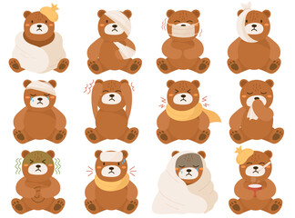 Cute little bear with flu cold or virus infection disease symptoms isolated set vector illustration