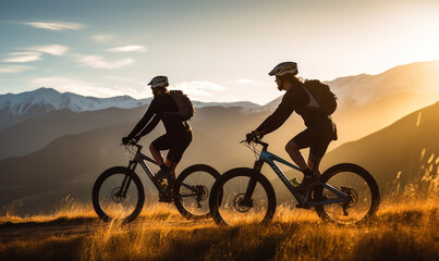 Obraz premium silhouette Three friends or athletes on electric bikes travel on vacation in beautiful mountains with a beautiful orange sunset.
