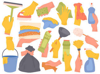 Human hand holding disinfection detergent and cleaning tools equipment housework supplies set