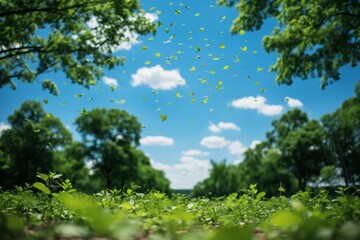 Beautiful perspective of nature, looking upwards with trees and leaves in the view creating a shadow. Cloudy blue sky in the summer. Defocused green bushes in the front.