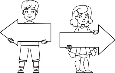 kid left right vector. child hand, boy direction, finger showing, point back, school up kid left right character. people black line illustration