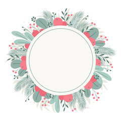 Round frame of green leaves with spruce branches and red berries for greeting cards. Christmas decorations for postcards. Design for invitations and cards. Flat style. Vector illustration.