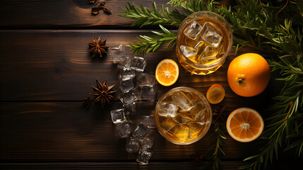 Christmas or winter warming bourbon on wooden background
