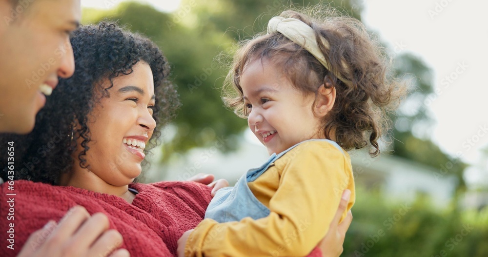 Poster Family, parents and baby outdoor, play and happiness with love, bonding and quality time together. Mother, father and daughter in a park, fun and laughing with joy, support and relax with freedom