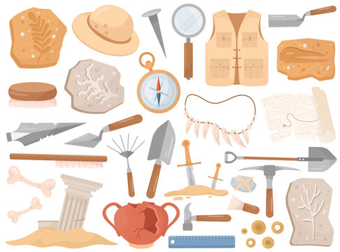 Archeological tool instrument and digging equipment, fossil plants trace, ancient finds, map set