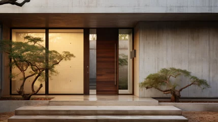Selbstklebende Fototapeten he entrance to a luxurious villa designed in a Japanese style, featuring concrete surroundings adorned with bonsai trees, showcasing Japanese minimalism and a wooden door. © Max