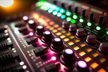 Fototapeta na wymiar Sound mixer closeup with glowing lights at club party generative ai