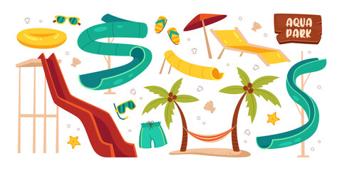 Aqua park water slide, summer beach accessories and rest equipment set vector illustration