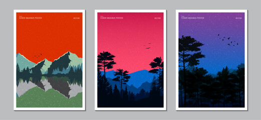 Cover design with light and shadow multicolor of a landscape with mountains, forests. Ideas for magazine covers, brochures and posters. Vector illustration.