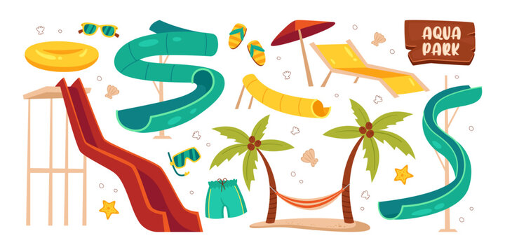 Aqua park water slide, summer beach accessories and rest equipment set vector illustration