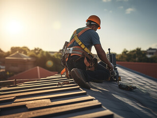 Back view of construction worker wearing safety uniform during working on roof structure of building on construction site. - obrazy, fototapety, plakaty
