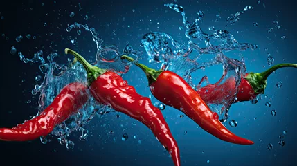 Fotobehang Red hot chili peppers on a blue background with drops of water. © Ziyan Yang