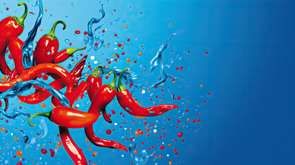 Red hot chili peppers on a blue background with drops of water.