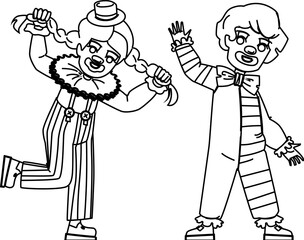 kid clown vector. happy fun, carnival funny, day child, home girl, holiday play kid clown character. people black line illustration