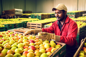 Male Indian ethnicity worker sorting apple in the warehouse. Selection and sorting of fresh green apples in crates for packaging and transport on a modern production line. - obrazy, fototapety, plakaty