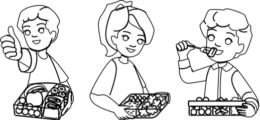childhood kid eating healthy lunch vector. child home, breakfast nutrition, table little childhood kid eating healthy lunch character. people black line illustration