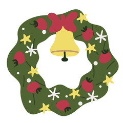 Christmas wreath with bell, bow, berries, stars and snowflakes on the Christmas tree. holiday decoration