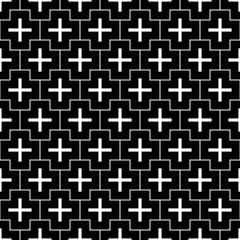 Repeated white figures and lines on black background. Crosses wallpaper. Seamless surface pattern design with polygons. Mosaic motif. Digital paper for page fills, web designing, textile print. Vector