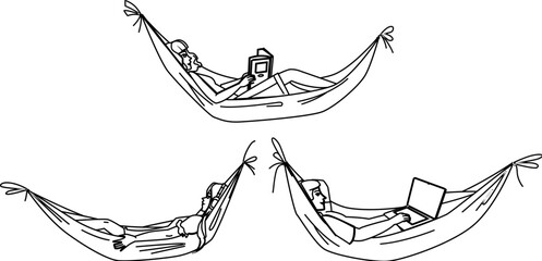 hammock resting vector. summer person, holiday leisure, relax happy, lifestyle lying, carefree rest hammock resting character. people black line illustration - Powered by Adobe