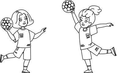 handball kid vector. sport child, soccer boy, volleyball activity, team play, children school handball kid character. people black line illustration