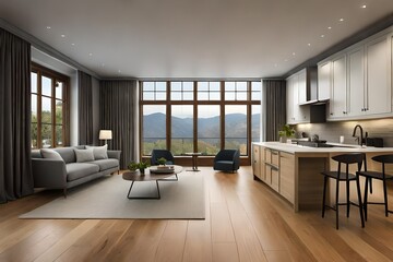 modern living room with attached kitchen and fireplace.  - obrazy, fototapety, plakaty