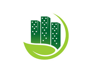Green leaves with city building vector illustration