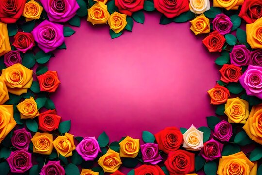 Frame of colored reses with workspace on a dark pink background. 