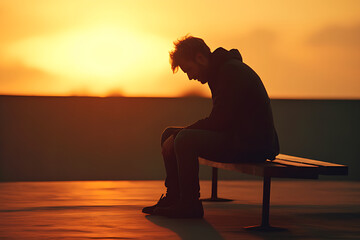 The dark silhouette of a sad man sits against the gentle rays of the setting sun.