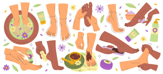 Woman foot skin spa care and treatment, pedicure and relax massage isolated set vector illustration