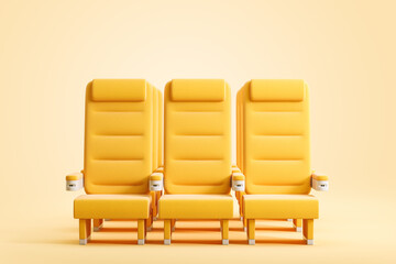 Row of three yellow airplane seats. Concept of economy class, plane flight, vacation, business trip. Advertising of air flights, transport services, booking. 3d rendering - obrazy, fototapety, plakaty